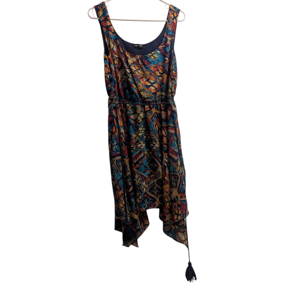 Love Reign Multicolor Pattern Asymmetrical Sleeveless Dress With Tassel Belt L